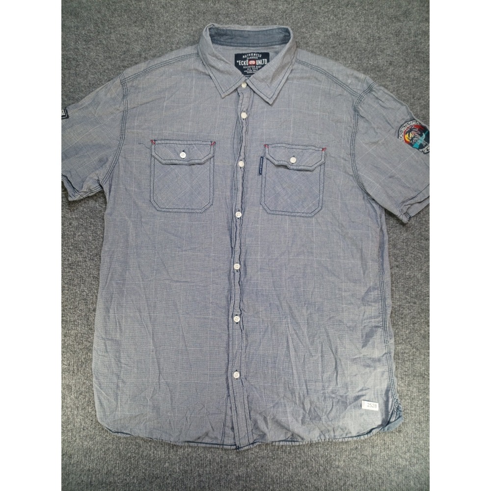 Ecko Unltd Men's XL Blue Short Sleeve Button Up Shirt Patches Back Graphic Y2K